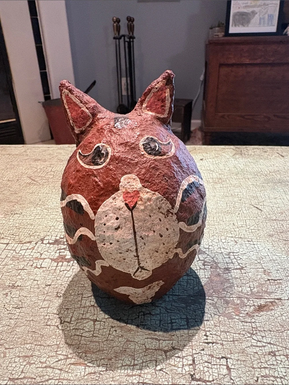 Primitive Folk Art Cat Figurine Hand Painted Papier Mache Rustic Whimsical
